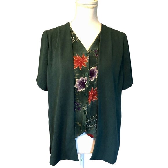 Vintage Alfred Dunner Petite Blouse Womens 8 Used Green Floral - Picture 3 of 11